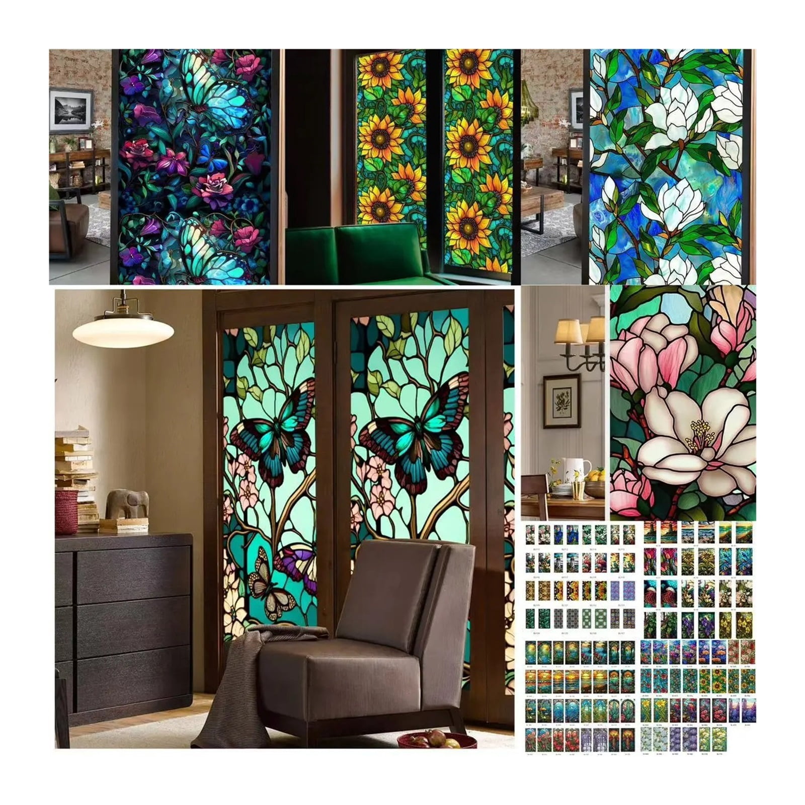 Window Privacy Film 40/60x100cm Colorful Retro Flower Birds Window Glass Electrostatic Stickers Removable Window Privacy Stained Decorative Film