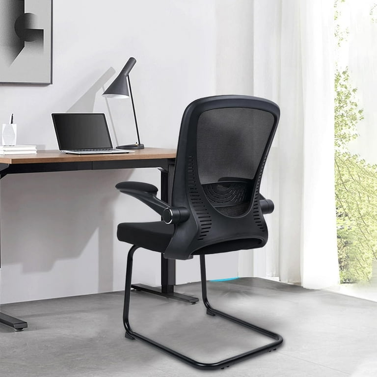 CLATINA Office Guest Chair no Wheels with Lumbar Support and Flip up Armrest Mid Back Mesh Sled Base for Reception Conference Room Black 1 pack