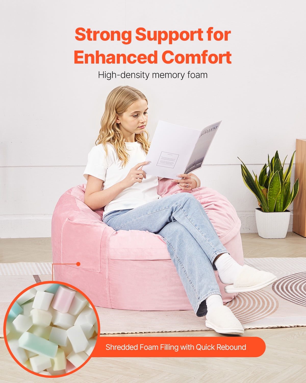 KFFKFF Bean Bag Seat, 3-foot Circular Bean Bag with Detachable and Cleanable Cover, 25D Memory Foam Packed with Gentle and Silky Dutch Velvet, Bean Bag for Sleeping Room or Game Room, Rose