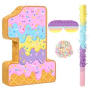 Aoriher Summer Birthday Piñata Ice Cream Game Set Summer Number Piñata with Bat Stick Blindfold Mask Confetti for Sundae Theme Birthday Baby Shower Party Game Supplies Decor(Number 1) Y101
