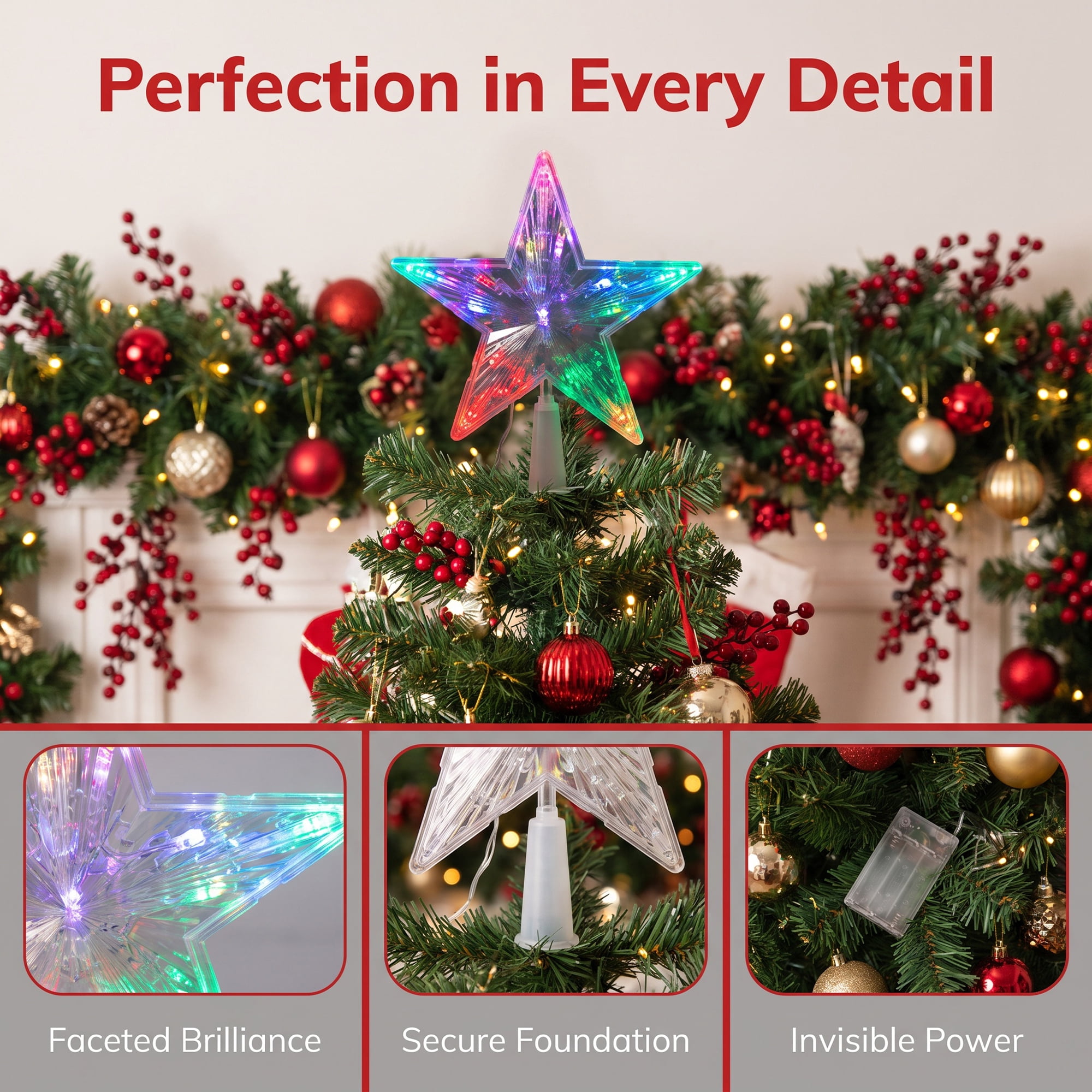 Unique Bargains Tree Finial Battery Operated Spring Mount Star Stripes Multicolor 7.9"