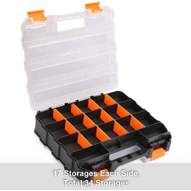 Organizador de herramientas de doble cara con polímero resistente a los impactos y extraíble personalizable, excelente para tornillos, tuercas, piezas pequeñas, 34 compartimentos, negro/nara