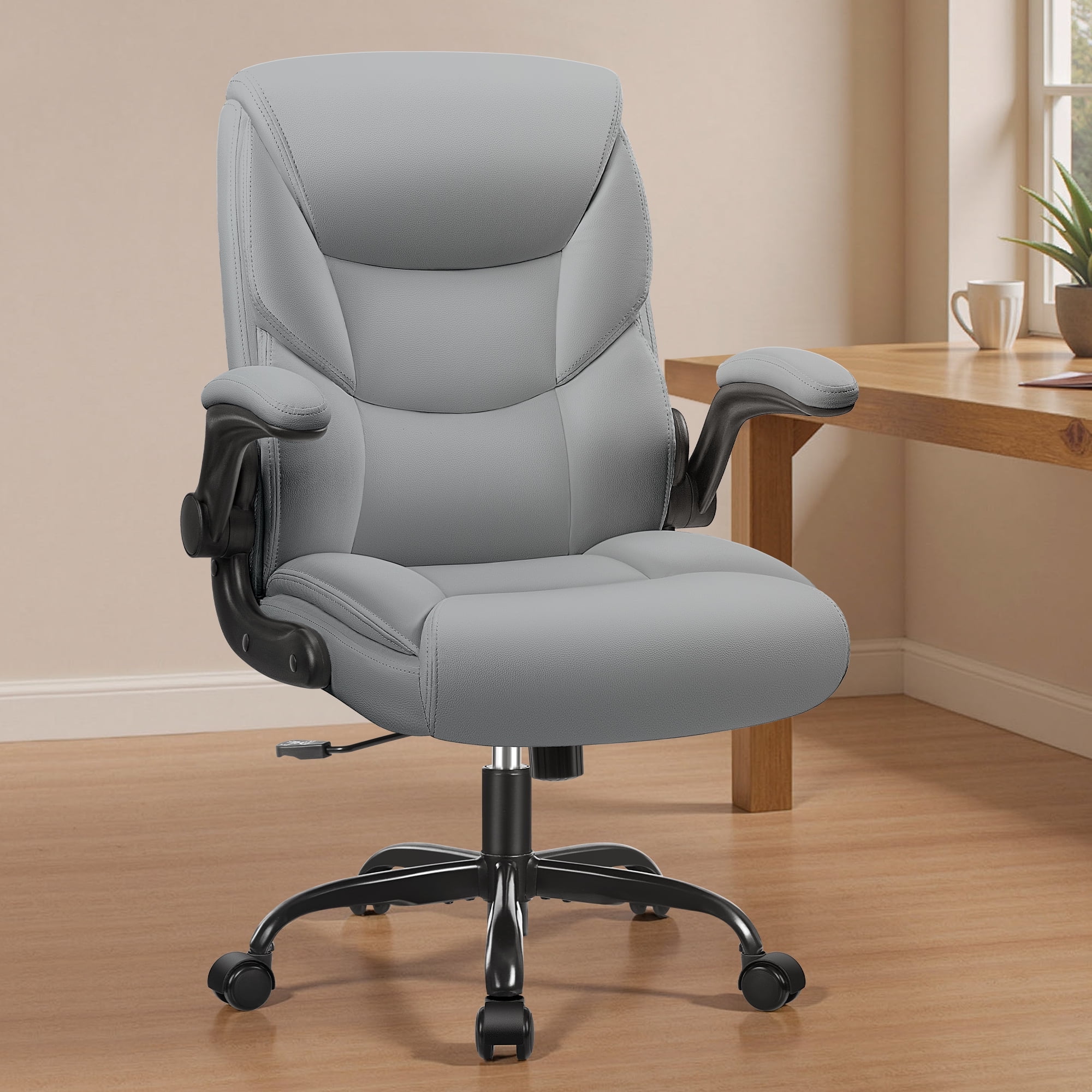 Primy Compact PU Leather Office Chair - Ergonomic Adjustable Height Computer Desk Chair with Flip-Up Armrests, Mid-Back Executive Swivel Chair on Wheels for Small Spaces & Petite Users, Gray