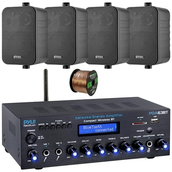 Pyle PDA63BT Wireless Bluetooth USB/SD/AUX FM Radio Home Audio Amplifier Receiver, 4x Enrock EKMR408B 4" 30W Max Power 3-Way Indoor/Outdoor Black Speakers, 50 Feet 16 Gauge Speaker Wire