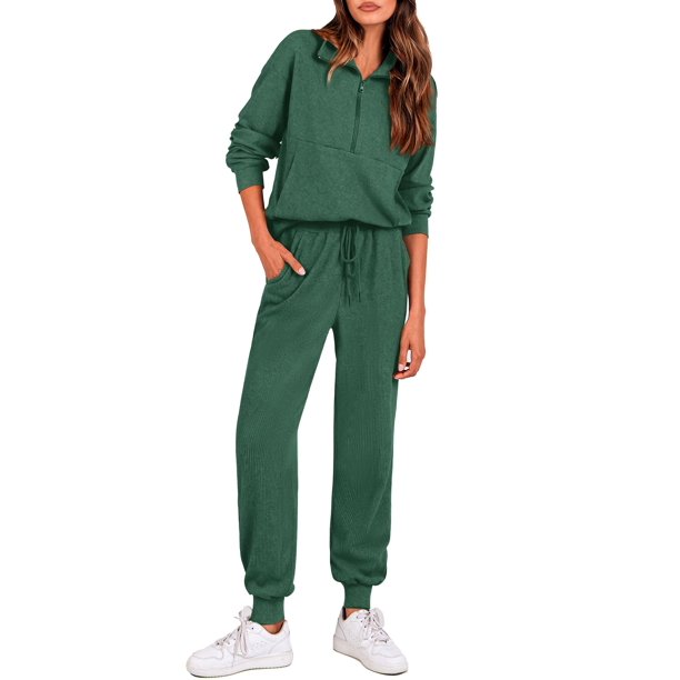 Conjunto Deportivo PRETTYGARDEN Verde Oscuro XL Sudadera con Cierre y Joggers