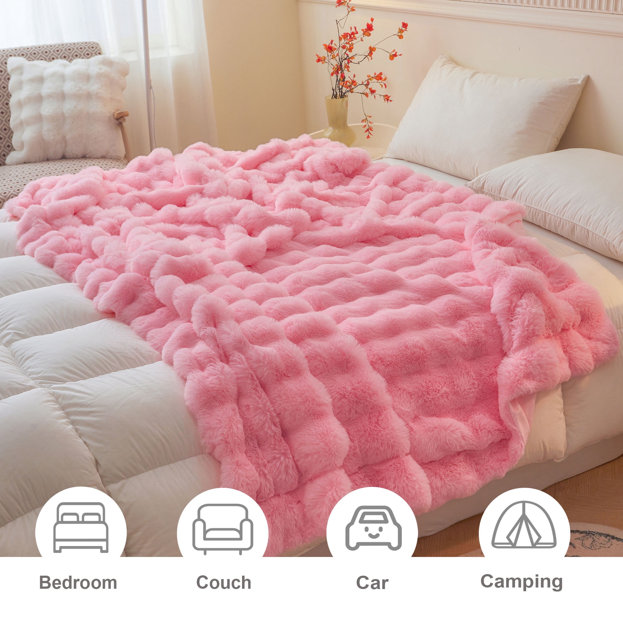 LIFEREVO Luxury Fluffy Faux Rabbit Fur Blanket, Plush Fuzzy Bubble Waffle Throw Couch Sofa, Cozy Comfy Furry Bed Blanket Home Decoration, Aesthetic Shaggy Throw for Bedroom Living Room, 60x90, Pink