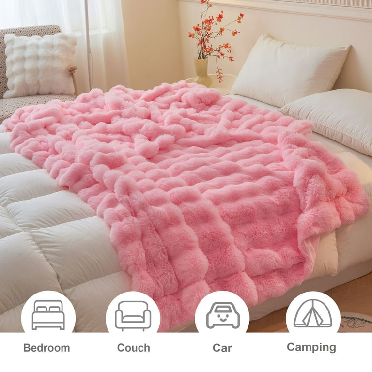 Fluffy Plush Faux Rabbit Fur Throw Blanket - Cozy, Fuzzy Bubble Blanket With Thick, Warm Decorative Fabric For Bed, Sofa (Queen Size 90''x90'', Black