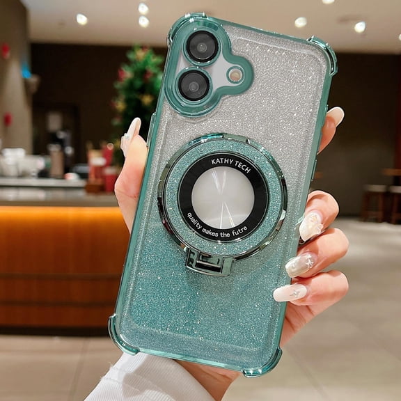 Mantto Case for iPhone 16 Plus, with Camera Lens Protector, Gradient Glitter Sparkly Shockproof Cover Compatible with MagSafe Hidden Kickstand Elegant Phone Case for iPhone 16 Plus - Green