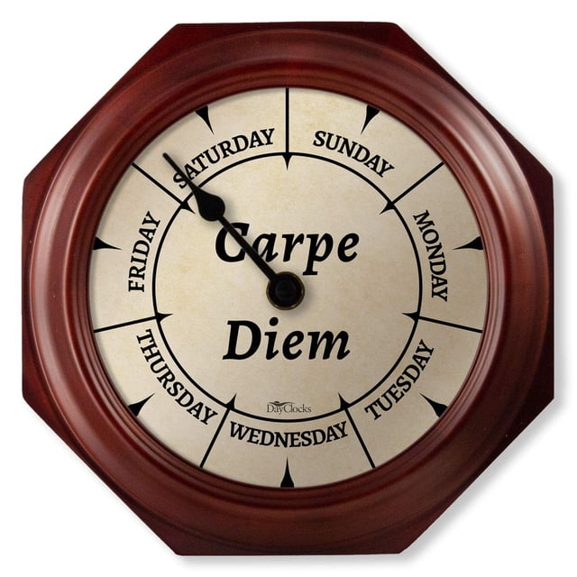 Reloj de pared DayClocks Day of the Week Carpe Diem Caoba, 10 pulgadas