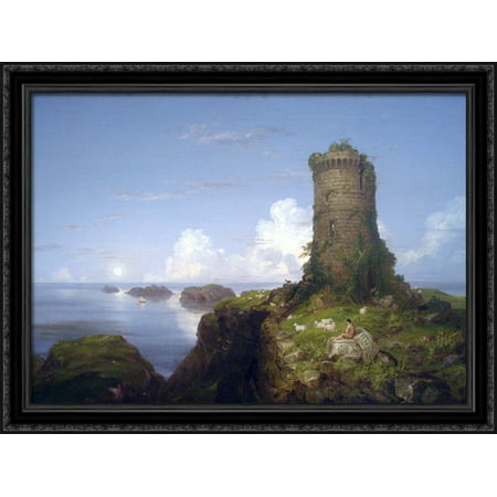 Italian Coast Scene with Ruined Tower 36x28 Large Black Ornate Wood Framed Canvas Art by Thomas Cole