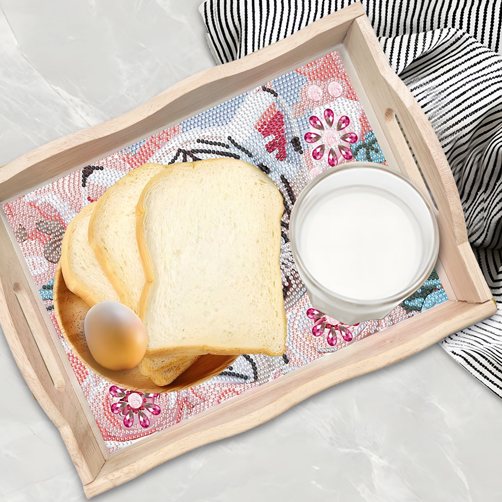FLOPESN DIY White Tiger Dot Diamond Painting Tray, 11.81*7.87 inch, Creative Design Handmade Wooden Tray Dinner Plate diamond art kit