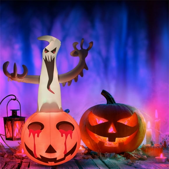 47.25 in Tall Halloween Inflatables Ghost on Pumpkin Remote Control LED Glowing Outdoor Lawn Yard Halloween Decorations