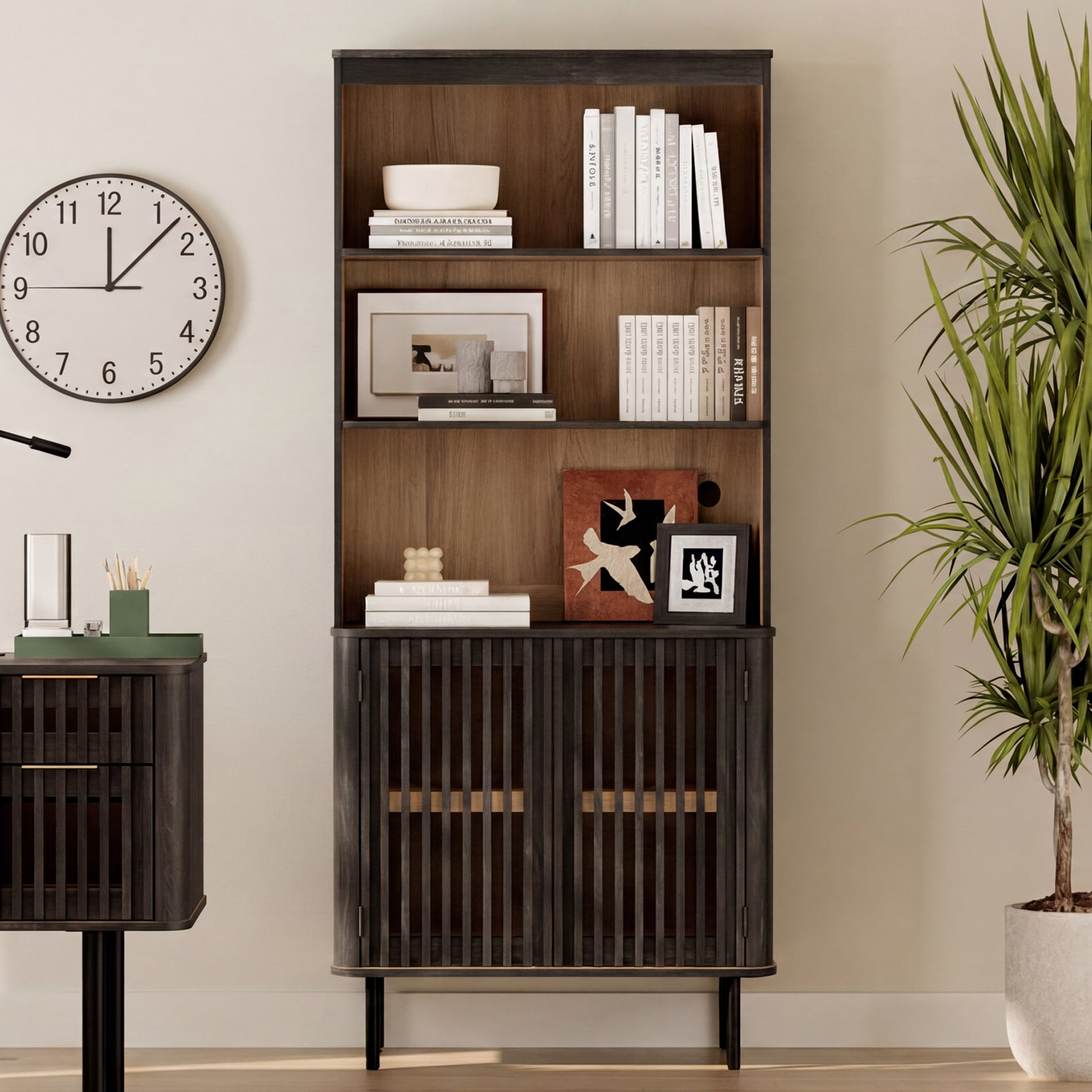 WAMPAT 72.8" Tall 5-Tier Bookshelf with Doors, Modern Bookcase with Storage, Adjustable Shelves, Wood Storage Cabinet, Black，3 PCS