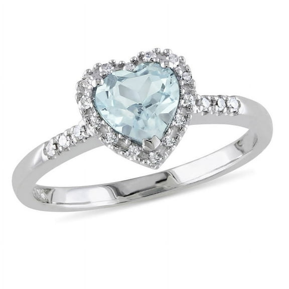 AMOUR 1/10 CT TW Diamond and Aquamarine Heart Halo Ring In Sterling Silver