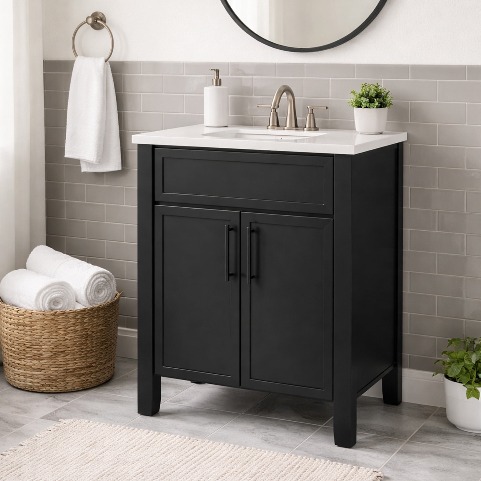 Design House Dawson 24-Inch Bathroom Vanity Cabinet, Fully Assembled, 2-Door Freestanding, Comfort Height 34 in., Sherwin-Williams® Iron Ore, Matte Black Hardware, 228411-IO-FA