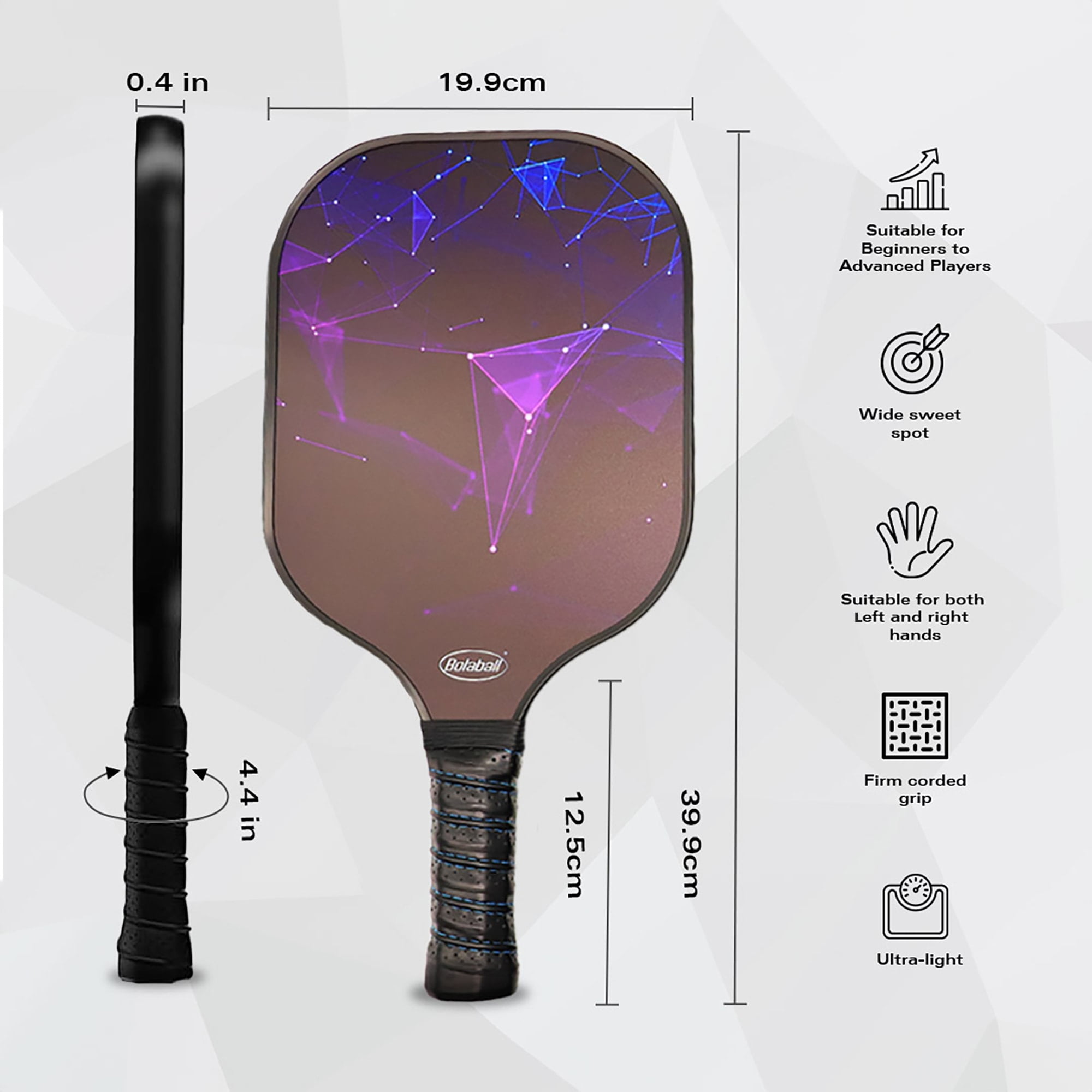 Bolaball: Pickleball Paddle Set - Indoor-Outdoor Complete Game Set, 4 Lightweight Fiberglass Rackets-4 Balls-Carry Bag, Polypropylene Honeycomb Core