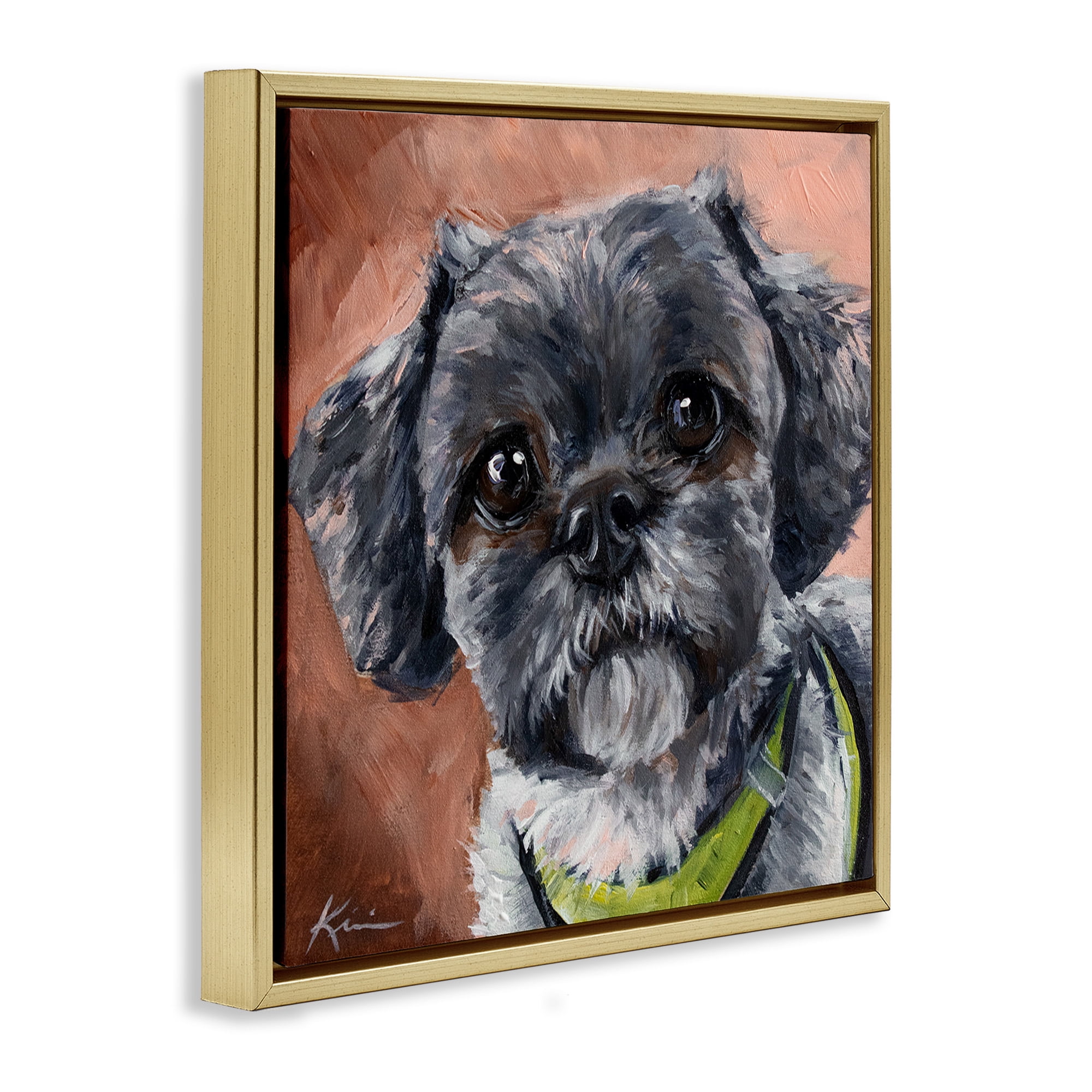 Stupell Industries Black Shih Tzu Dog Portrait Animals & Insects Painting Gold Floater Framed Canvas Art Print Wall Art, 18 x 18