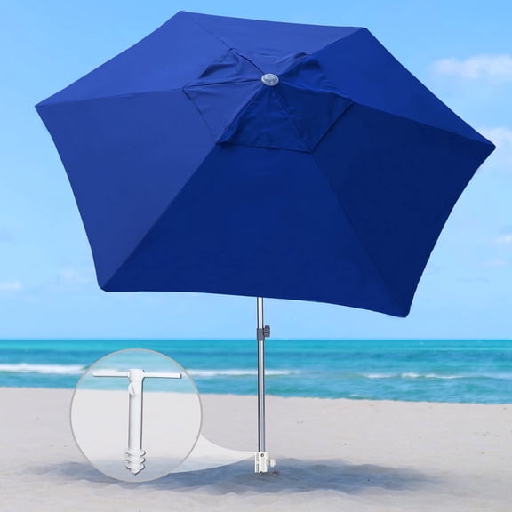AMMSUN 8ft Commercial Heavy Duty Beach Umbrella with Sand Anchor UPF50  Without Tilt,Blue
