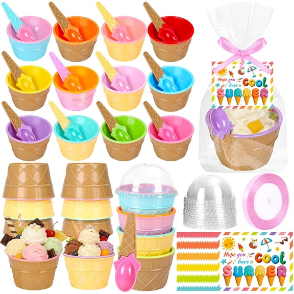 Miguan 24 Ice Cream Bowls and Spoons Set Including 24 pcs Ice Cream Bowls and Spoons 24 pcs Cards with Plastic Bags and 1 Roll Ribbon for Prizes Summer Birthday Ice Cream Party