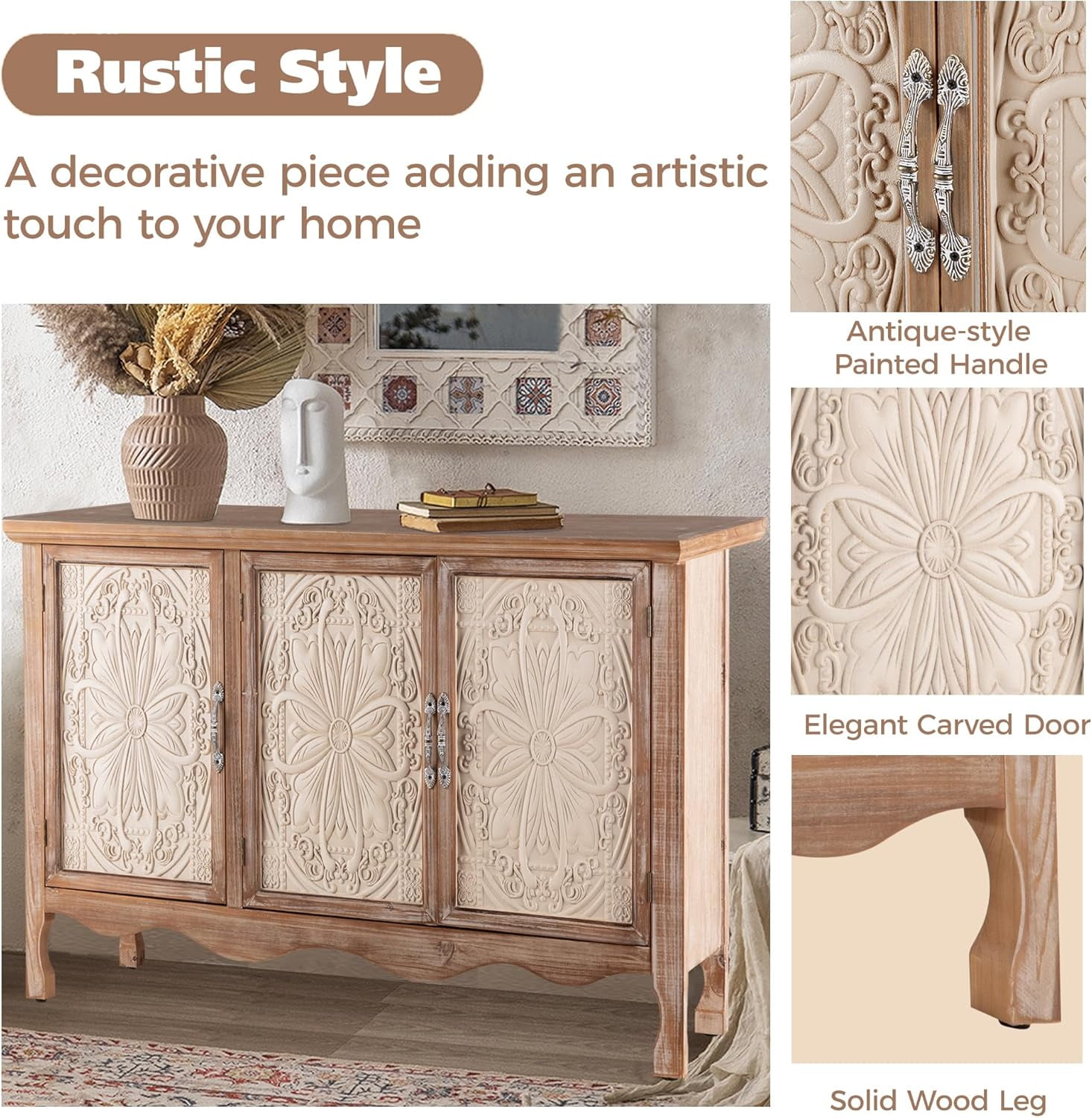 CozyHome Vintage Sideboard Buffet Cabinet with 3 Carved Doors, Rustic Accent Cabinet Storage Cabinet with Shelves, Wood Entryway Cabinet for Kitchen, Dining Room, Living Room, Bedroom, Natural