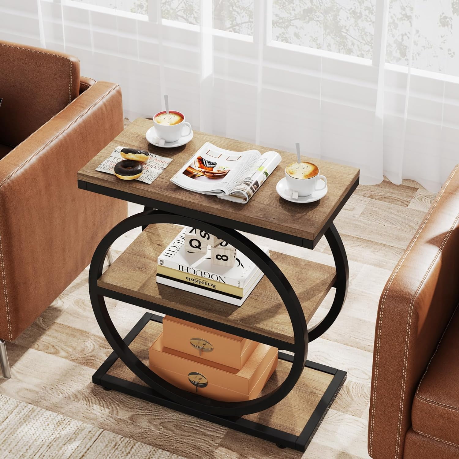 Tribesigns End Table, Wood Side Table with Black Metal Frames, Narrow End Table with 3 Storage Shelves for Living Room