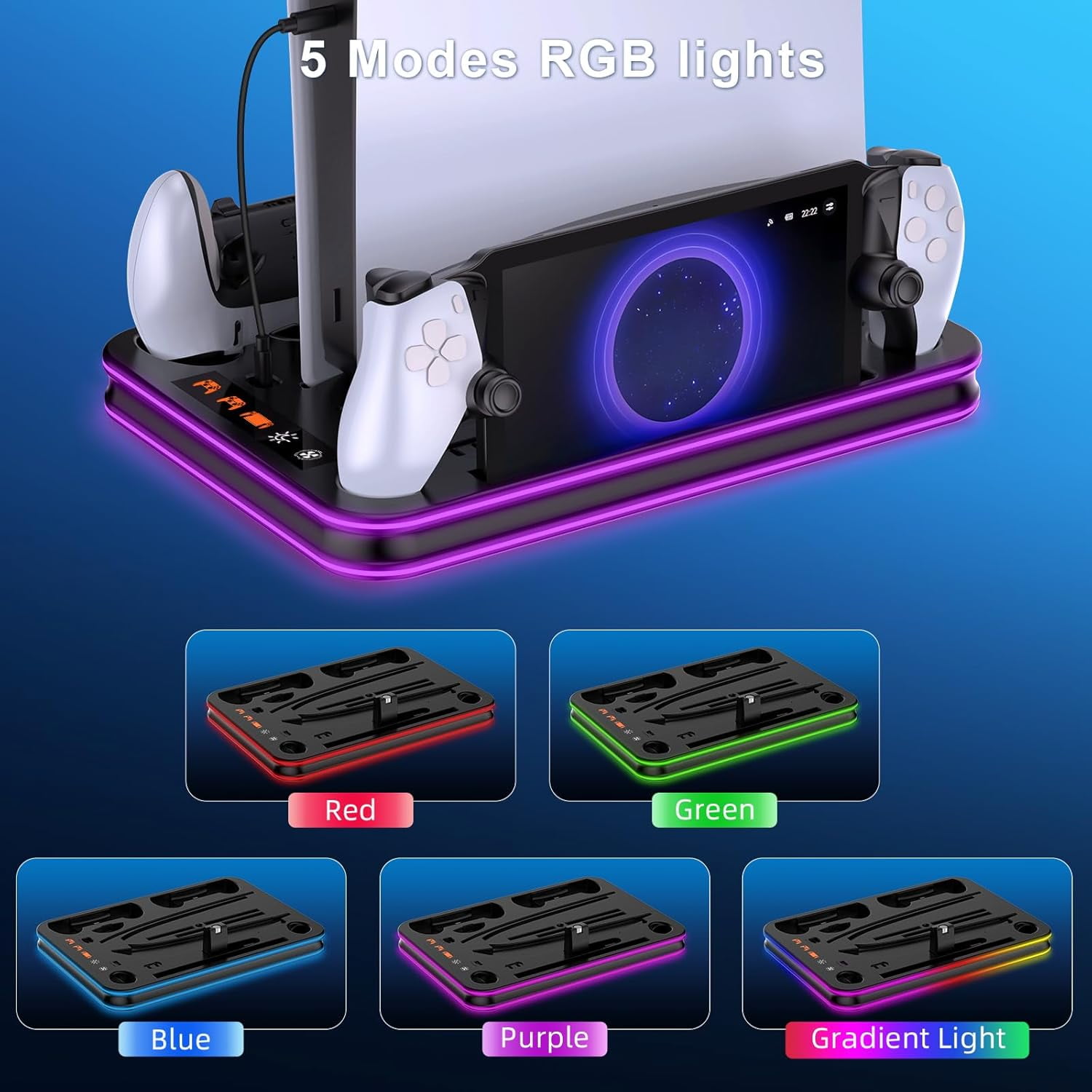 All in One Cooling Stand & Charger Station for PS5/Slim/Pro Console and Controller Charing Dock, Charging Stand for PlayStation Portal, Headset and Remote Holder with RGB Light Stand (Black)