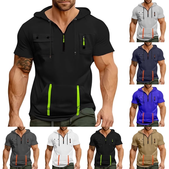 Men's Summer Short Sleeve Hooded Sweatshirt with Zipper Pocket, Oversized Casual Pullover for Sports, Warm Weather,Black,L