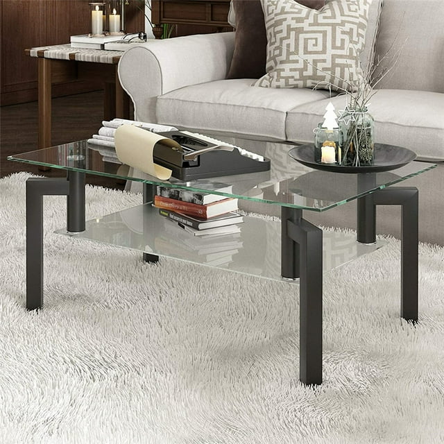 Glass Coffee Table for Living Room, Clear Rectangle Side Coffee Table with Lower Shelf, Modern Center Table with Metal Legs, 39"x23"x17" Rectangle Center Table Sofa Table, Easy Assembly, LLL4069