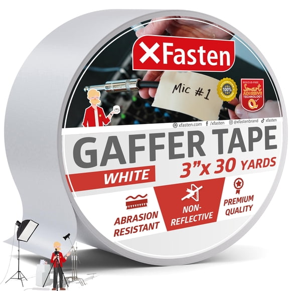 XFasten Ruban Gaffer Blanc 3 Pouces X 30 Verges, Multi-Usage, Sans Résidu, Finition Mate Non Réfléchissante pour Tournage, Intérieur