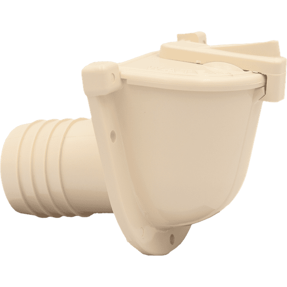 Zebra RV Fresh Water Inlet RM406C Used For RV And Marine Fresh Water System; Flange Type; 1-3/8 Inch Barb Connection; Colonial White; Durable Propylene; With Cap