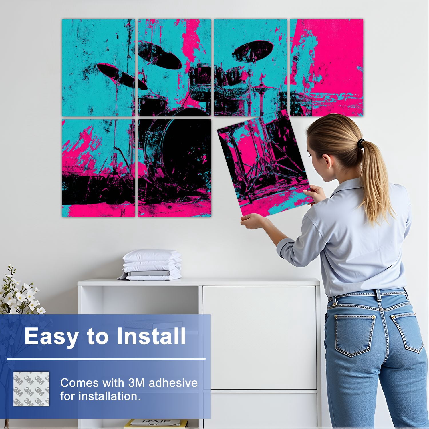 8 Pack Art Acoustic Panels Sound Absorbing Music Drum Kit Vintage Instrument Drum Set Band Drums Cymbals Circular Decorative Soundproof Wall Panels Self Adhesive for Nursery Game Room Bedroom 48"x32"