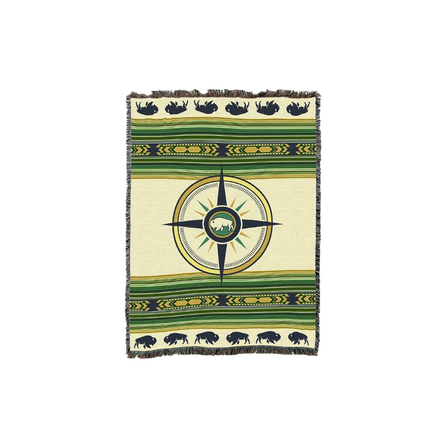 Green Navy and Cream Bison Compass Rose Woven Blanket 100% Cotton Geometric Southwestern Style for Home Decor