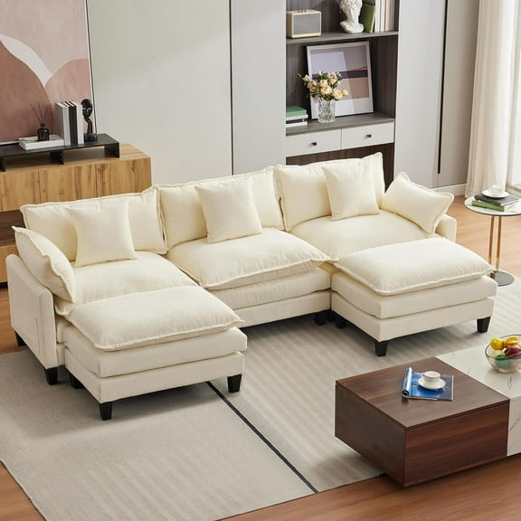 112" U-Shaped Chenille Sectional Sofa with 2 Ottomans, 3-Seater for Living Room, Apartment