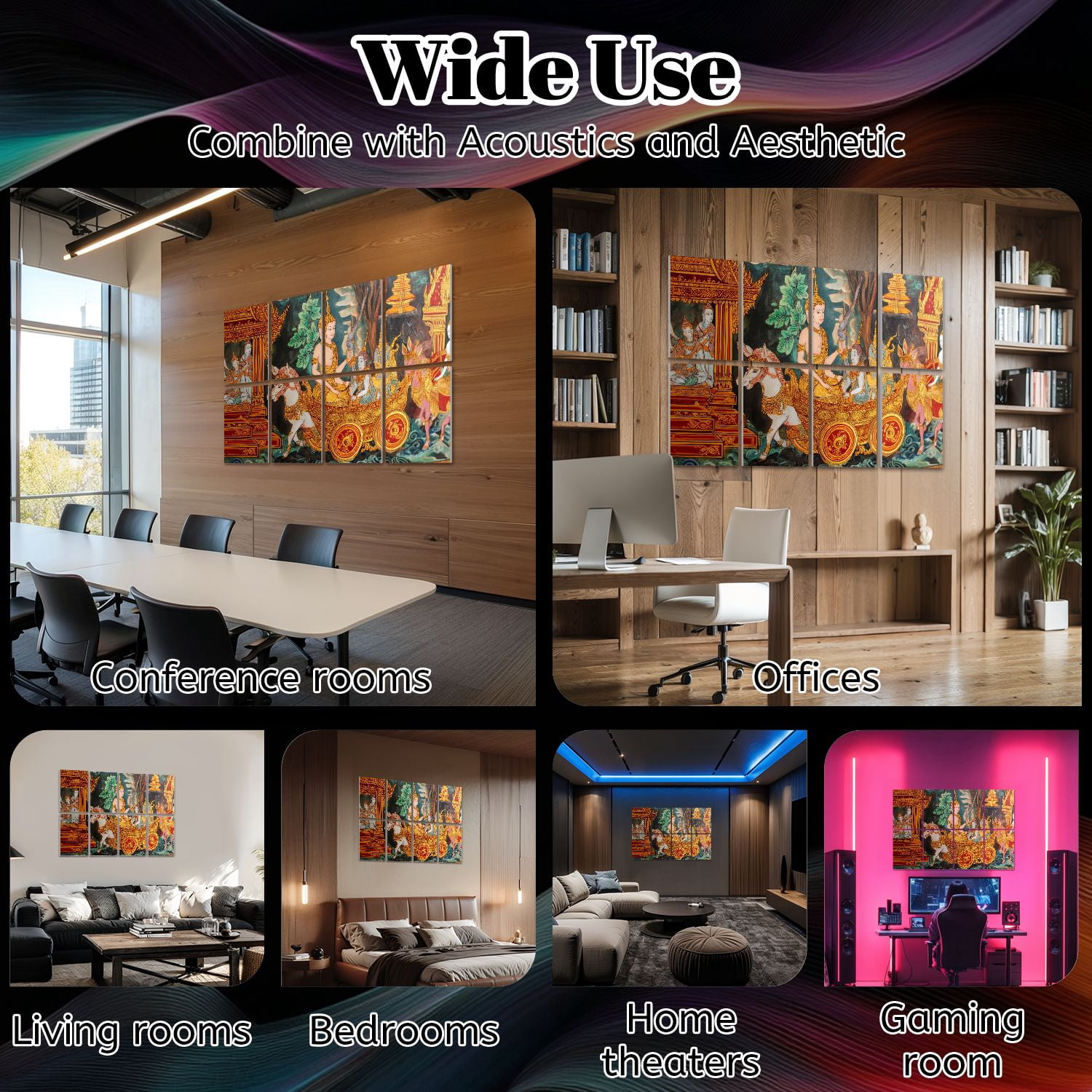 8 Pack Art Acoustic Panels Sound Absorbing traditional Thai style painting photo Decorative Soundproof Wall Panels Self Adhesive for Nursery Game Room Bedroom 48"x32"