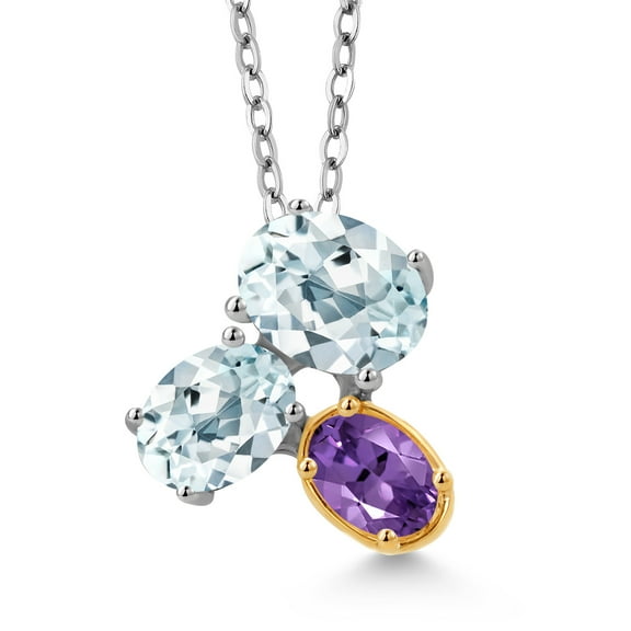 925 Silver and 10K Yellow Gold Sky Blue Aquamarine and Purple Amethyst Pendant Necklace for Women (2.40 Cttw, Oval 8X6MM, 7X5MM and 6X4MM, Gemstone March Birthstone, with 18 inch Chain)