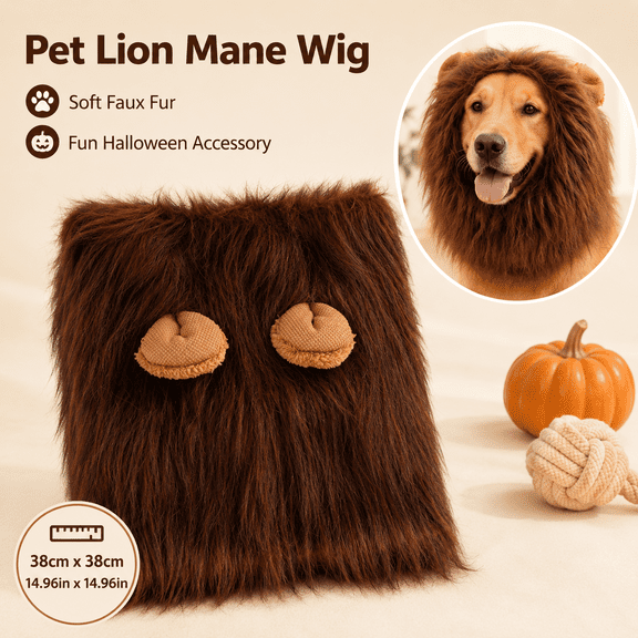 Lion Mane Wig for Dogs, Halloween Pet Costume Headpiece with Tail, Funny Fancy Dress Accessory for Cats and Small Dogs,Brown 14.96x14.96in
