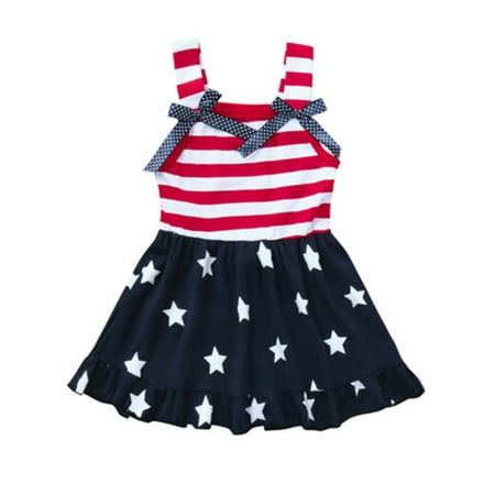 

Toddler Baby Girl Dress 4th of July American Flag Print Bowknot Sleeveless Dress Outfits
