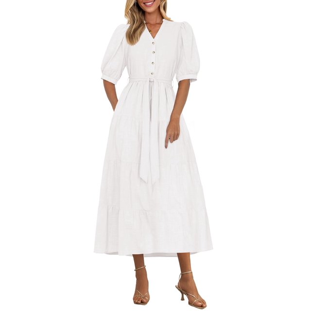 Vestido midi PRETTYGARDEN 2025 de verano de manga corta con cuello en V para mujer