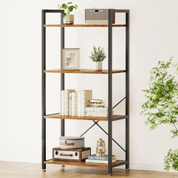 YYEAN Book Shelf, 4 Tier Bookshelf, Modern Wood Bookcase Shelves for Bedroom, Industrial Display Shelf for Living Room Home Office Kitchen, Standing Shelving Unit Storage Organizer, Vintage