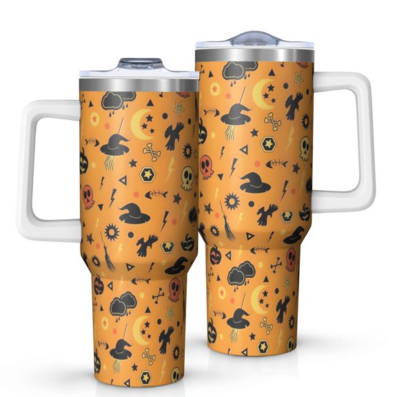 Halloween Witchy Icons on Orange Pattern Tumbler with Handle and Lid,40oz Double Wall Vacuum Insulated Tumbler,Cups Gift for Women and Men