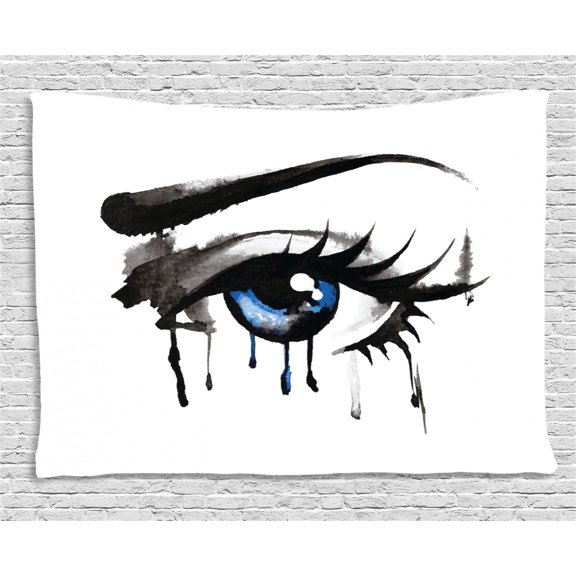 Eye Tapestry, Dramatic Artwork of a Woman Eye with Dripping Paint Curvy Eyebrow and Long Lashes, Wall Hanging for Bedroom Living Room Dorm Decor, 80W X 60L Inches, Black Grey Blue, by Ambesonne
