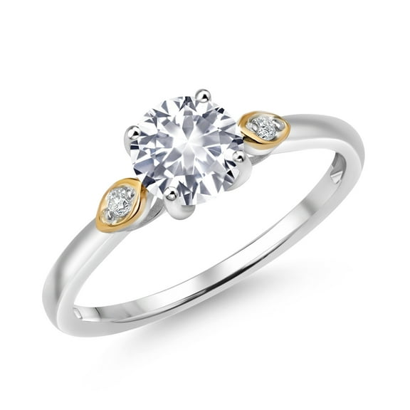 Gem Stone King 925 Silver and 10K Yellow Gold White Created Sapphire and White Lab Grown Diamond 3-Stone Engagement Ring for Women (1.03 Cttw, Round 6MM, Gemstone September Birthstone, Size 7)