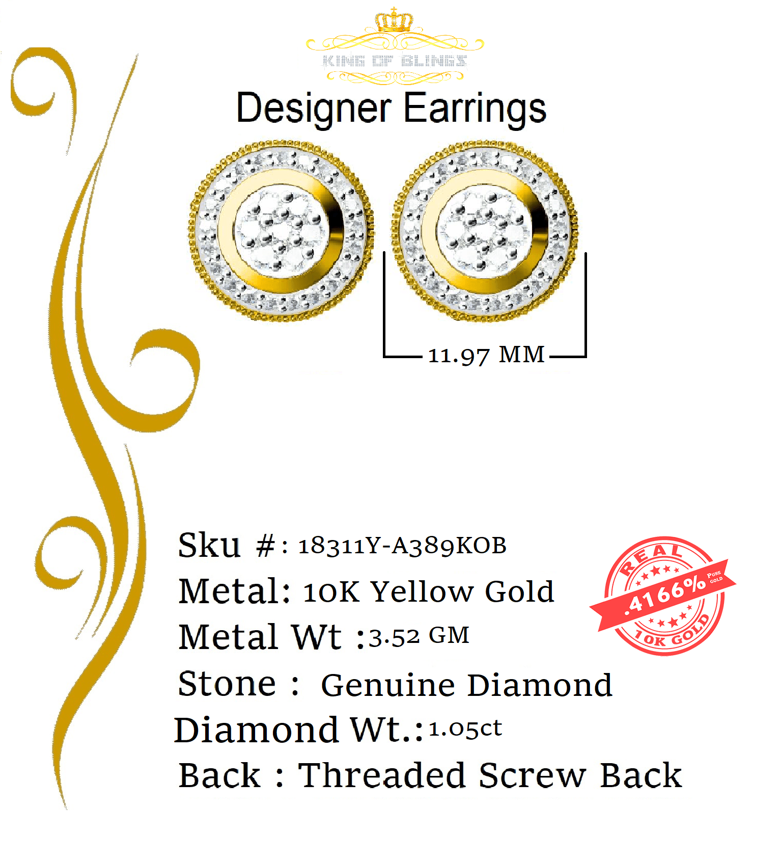 King of Bling's 10K Real Yellow Gold Real Diamond 1.05CT Men's/Women's Stud Round Earring