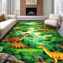 Flatwoven High Traffic Area Rug, Interactive T Rex Terrain Visual, Non Slip, Stain Resistant, Washable Area Rugs for Living Room, Bedroom(Green, 3X5)
