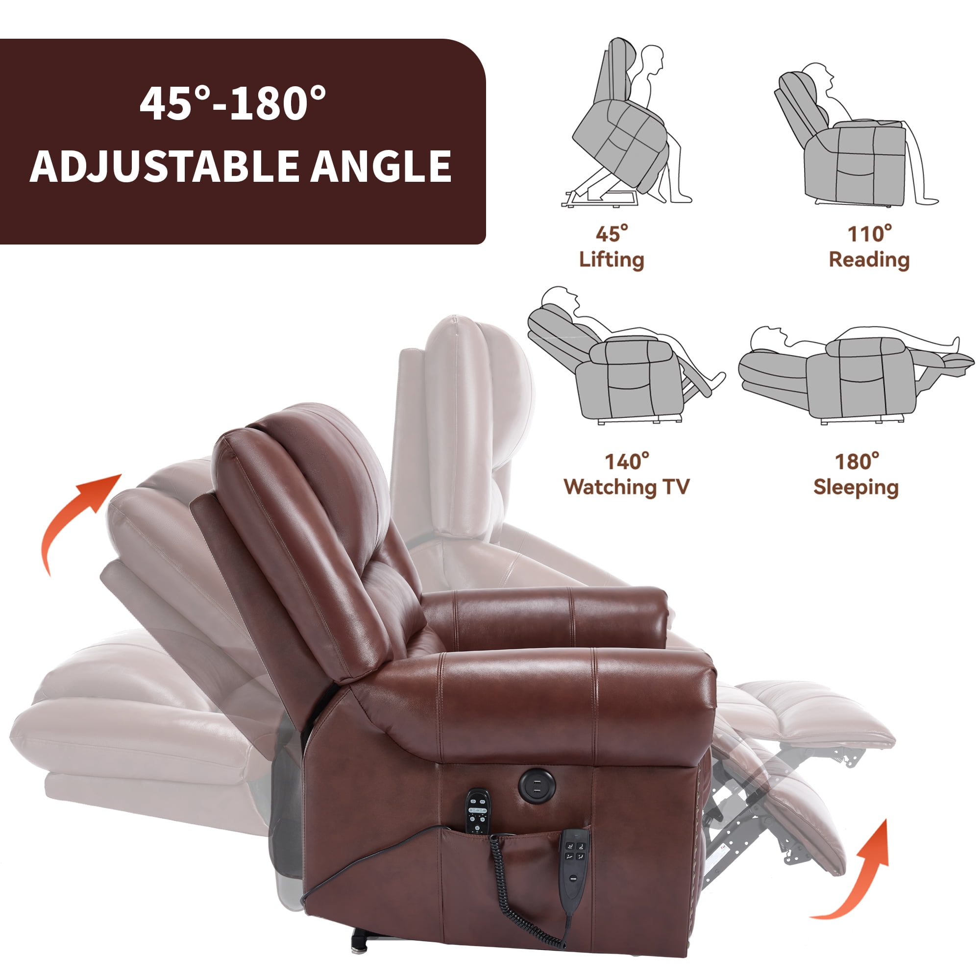 Alvantor Oversize Power Recliner Chair for Elderly, Leather Lift Recliners with Massage and Heat for Living Room Red