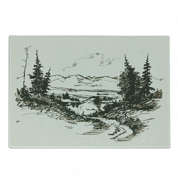 Landscape Cutting Board, Hand Drawn Landscape Sketch Trees and Mountains Wild Quiet Nature, Decorative Tempered Glass Cutting and Serving Board, in 3 Sizes, by Ambesonne