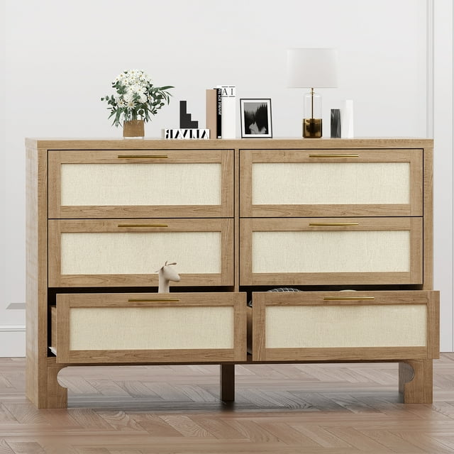 BeesClover Commode Double à 6 Tiroirs pour Chambre, Commode Moderne en Bois avec Poignées Dorées, Table de Chevet pour Garde-Robe, Salon et Entrée, Naturel, Rangement