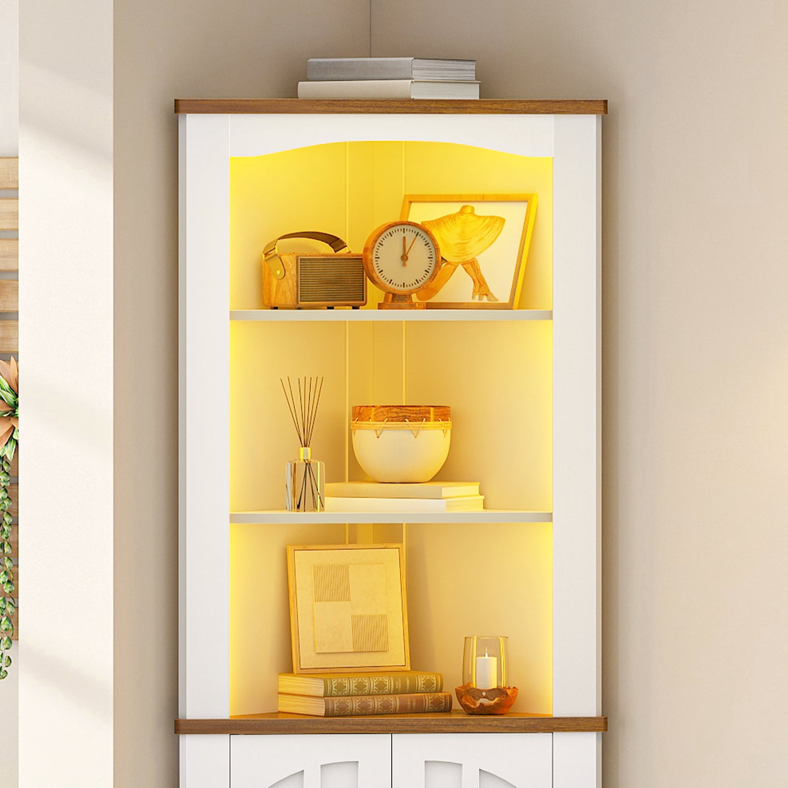 HOOBRO Corner Cabinet with LED Lights, 67" Tall Farmhouse Corner Storage Cabinet with Doors, 5-Tier Corner Shelf Bookcase, Bathroom Hutch, for Living Room, Kitchen, White and Walnut WH74DCJ01