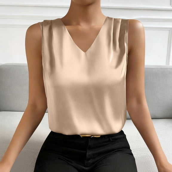 VtModv Women's Casual Fashion Solid Color V-Neck Satin Top Business Casual Outfits Going Out Tops Gifts For Women