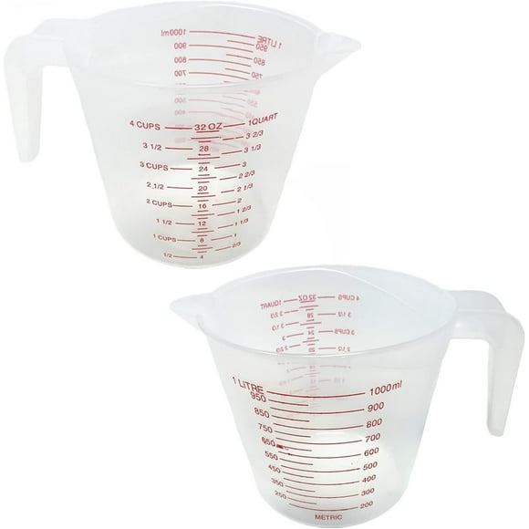 HAHADAXA 2 Pcs 1 Liter (32oz) 1000ml Clear Plastic Measuring Cup - 4-Cup Capacity Milliliters, Liter, Oz, Cups, Quart